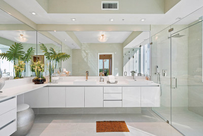 Luxury master bathroom vanity and glass enclosed rain shower