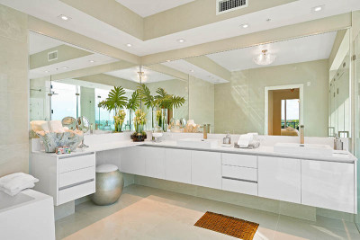 Amrit luxury master bathroom vanity with quartz stone countertops